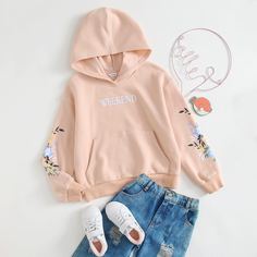 Толстовка с карманом, текстовым и цветочным принтом для девочек Shein