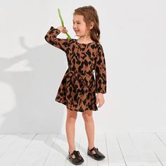 с поясом Принт Повседневный Платья для девочек Shein