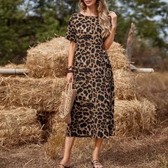 с карманами Леопардовый принт Скромный Платье Shein