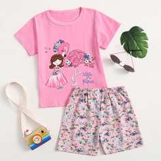 Футболка с оригинальным принтом и шорты для девочек Shein