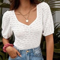 Ажурная вышивка Одноцветный Бохо Женские топы Shein