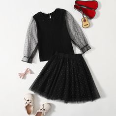 Юбка и топ с сетчатым рукавом для девочек Shein