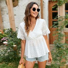 С оборками Одноцветный Бохо Блузы Shein