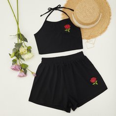 Шорты и топ-халтер с цветочной вышивкой Shein