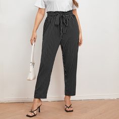 с поясом Полосатый Повседневный Брюки размер плюс Shein