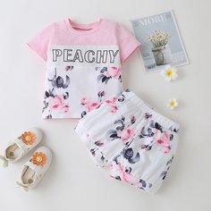 Футболка и шорты с оригинальным принтом для девочек Shein