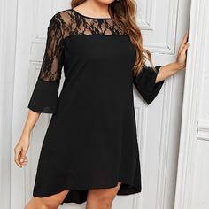 Контрастные кружева Одноцветный Повседневный Платья размер плюс Shein