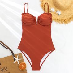 Однотонный слитный купальник Shein