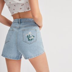 Джинсовые шорты с цветочной вышивкой Shein