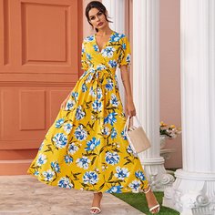 с поясом Цветочный принт Бохо Платье Shein