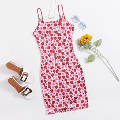 Волнистый край Цветочный принт Бохо Платье Shein