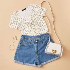 Футболка с цветочным принтом и узлом Shein