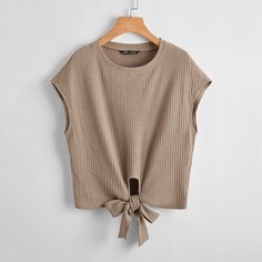 Вязаная футболка в рубчик с узлом Shein