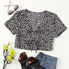 С батом перед цветочный Бохо Женские топы Shein