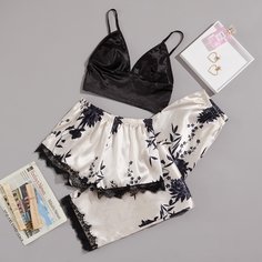Атласная пижама с цветочным принтом и кружевом Shein