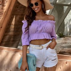 с оборками Одноцветный Бохо Блузы Shein