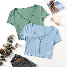 Волнистый край Одноцветный Повседневный Футболки Shein