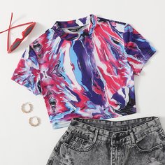 Топ с мраморным принтом и воротником-стойкой Shein