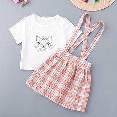 Юбка в клетку и футболка с принтом кошки для девочек Shein
