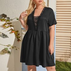 Контрастные кружева Одноцветный Повседневный Платья размер плюс Shein