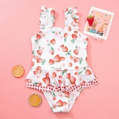 Слитный купальник с принтом клубники для девочек Shein