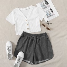 Кроп-футболка и шорты на кулиске Shein