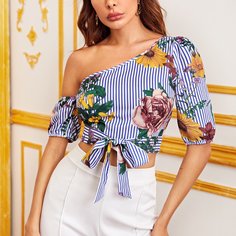 Асимметричный топ в полоску с цветочным принтом Shein
