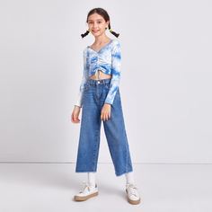 Футболка на кулиске с принтом тай дай для девочек Shein