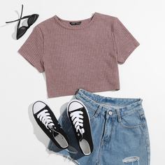 Вязаная однотонная футболка Shein