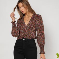 Оборка цветочный Бохо Блузы Shein
