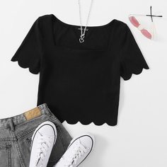 с фестонами Одноцветный Повседневный Футболки Shein