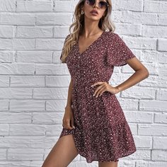 с оборками Леопардовый принт Повседневный Платье Shein