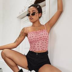 Сетчатый короткий топ с принтом "вишня Shein