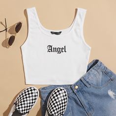 Трикотажный короткий топ с текстовым принтом Shein