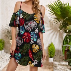 Платье с открытыми плечами и тропическим принтом Shein