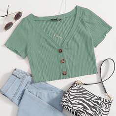 Трикотажная короткая футболка с пуговицами Shein