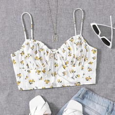 Короткий топ на подтяжках со складками спереди и складками на груди и сзади с цветочным рисунком Shein