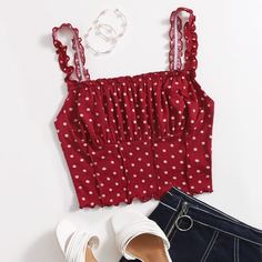 Топ со складками на груди в горошек Shein