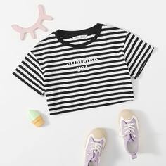 Футболка в полоску с вышивкой для девочек Shein