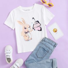 Футболка с принтом кролика и бабочки для девочек Shein