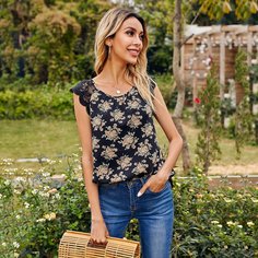 Контрастные кружева Цветочный Бохо Блузы Shein