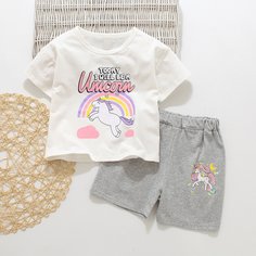 Шорты и футболка с текстовым, мультипликационным принтом для девочек Shein