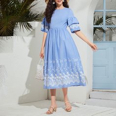 Платье с многослойным рукавом и цветочной вышивкой Shein