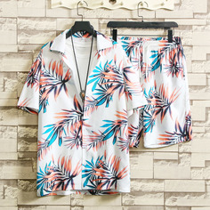 2шт мужская рубашка и шорты-бермуды с тропическим принтом Shein