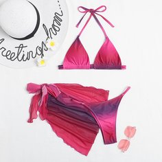 3шт бикини и пляжная юбка с эффектом омбре Shein