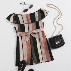 Комбинезон в полоску с поясом для девочек Shein