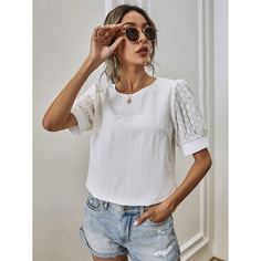 Ажурная вышивка Одноцветный Повседневный Блузы Shein