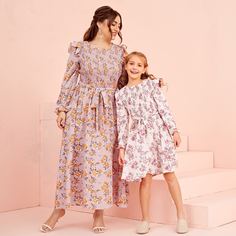 Платье с цветочным принтом и поясом для девочек 1шт Shein