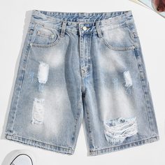 Разрезы Одноцветный Мужские джинсовые шорты Shein