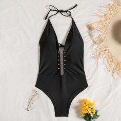 Однотонный слитный купальник Shein